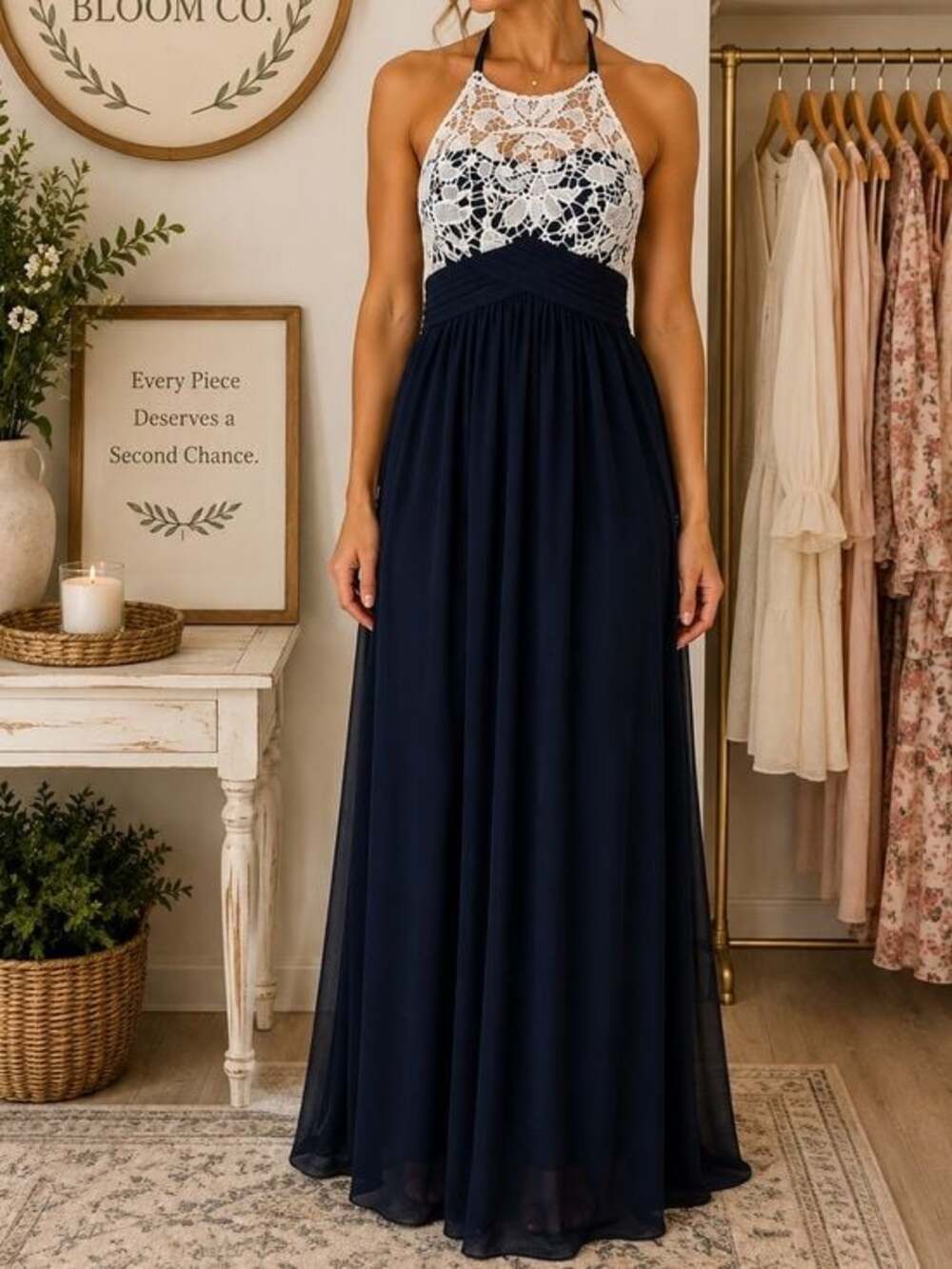 Navy White Lace Halter Chiffon Maxi Dress Formal Prom Bridesmaid Fits Small